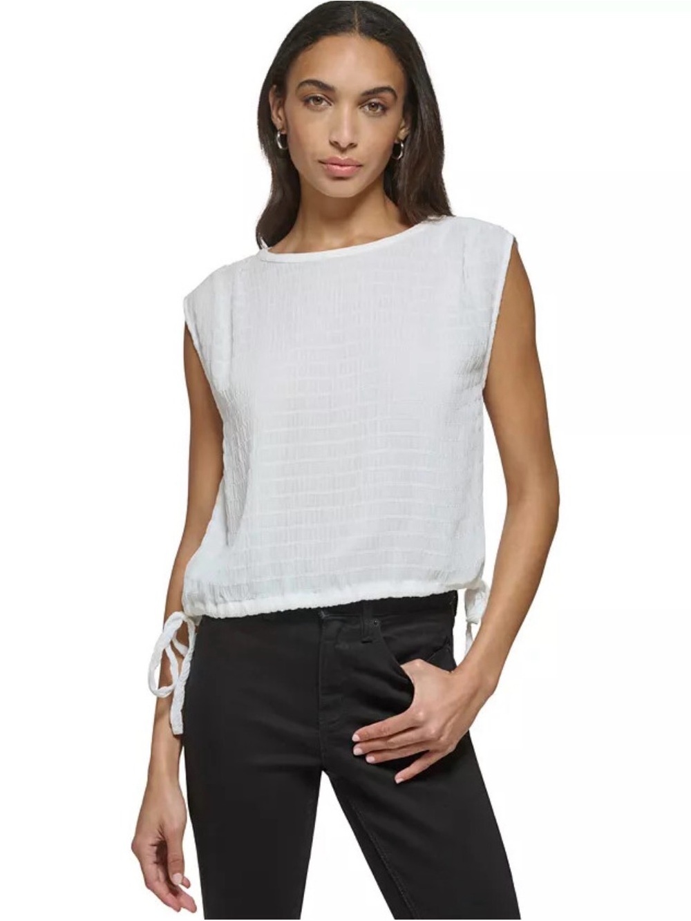 Calvin Klein Side-Tie Pintuck Round-Neck Cropped Top White Sz L $79.50